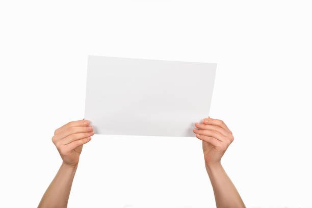 istock Cropped image of woman holding empty paper isolated on white 939062114