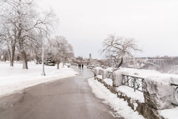 A wide, tranquil view of a park in Niagara Falls, Ontario, completely transformed by a heavy snowfall. The image features a thick blanket of pristine white snow covering the ground, with intricate tree branches and park benches heavily weighted down by fresh snow. This high-key, bright winter scene captures the quiet essence of a Canadian winter day. Ideal for seasonal backgrounds, nature themes, and winter tourism