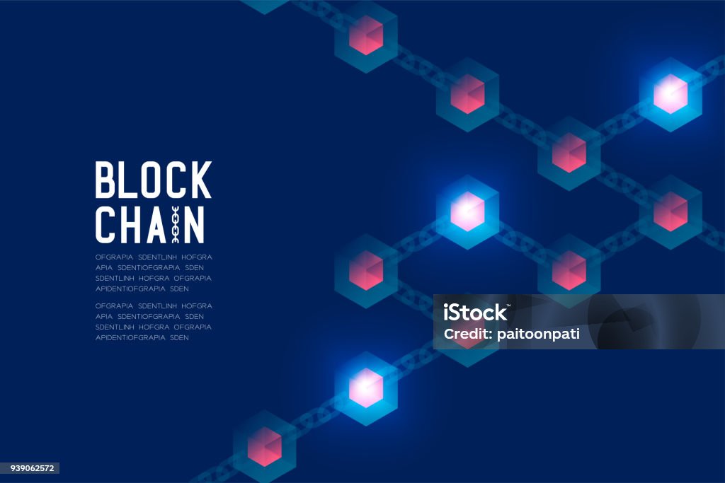 Blockchain technology 3D isometric virtual, system online concept design illustration isolated on dark blue background and Blockchain Text with copy space, vector eps 10 Blockchain stock vector