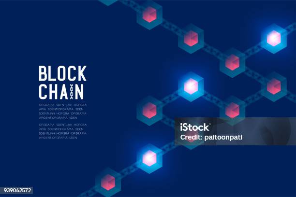 Blockchain Technology 3d Isometric Virtual System Online Concept Design Illustration Isolated On Dark Blue Background And Blockchain Text With Copy Space Vector Eps 10 Stock Illustration - Download Image Now