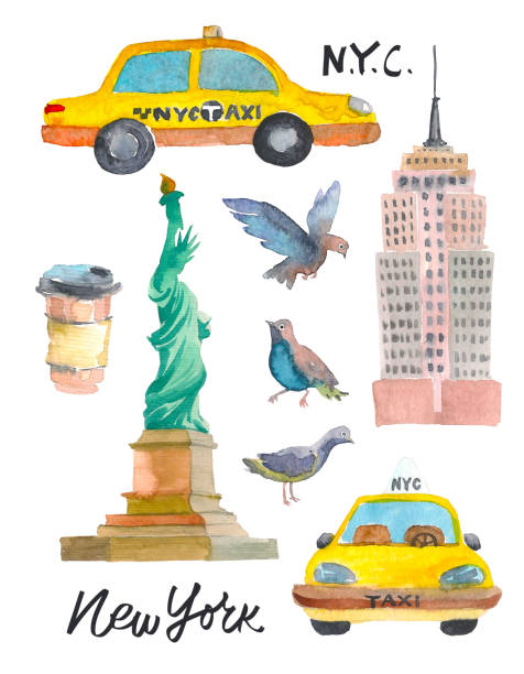 New York Doodle set. American travel symbols in hand drawn sketch. Watercolor. Big sity icons,sign of landmark, lettering. Vintage Illustration, background Artistic texture new york skyline drawing stock illustrations