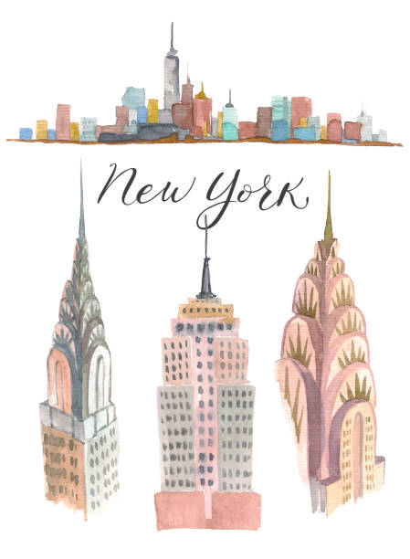 New York building Doodle set. American travel symbols in hand drawn sketch. Watercolor. Big sity icons,sign of landmark,lettering.Vintage Illustration,backgroundArtistic texture new york skyline drawing stock illustrations