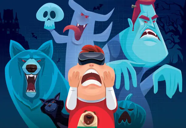 Vector illustration of kid with VR goggles watching ghost and monster