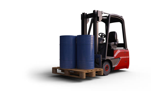 istock Forklift free-plater with pallet and oil barrel 939088906