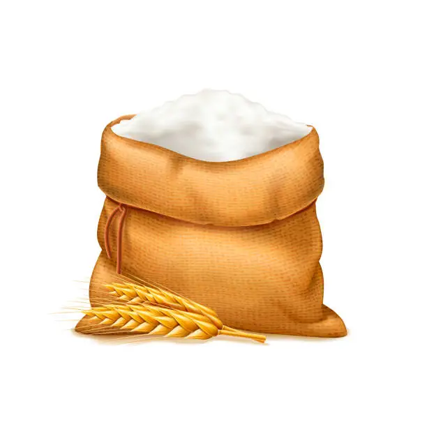 Vector illustration of Vector realistic bag of flour with wheat ears isolated on white background. Heap of flour. Design element. Bread and harvest theme. Food and feed. 3d illustration