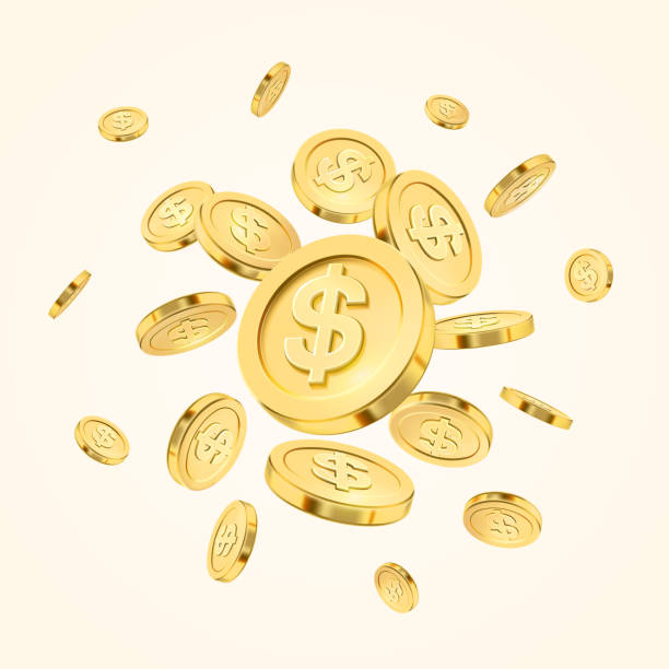 Realistic gold coin explosion or splash on white background. Rain of golden coins. Falling or flying money. Bingo jackpot or casino poker or win element. Cash treasure concept. Vector 3d Realistic gold coin explosion or splash on white background. Rain of golden coins. Falling or flying money. Bingo jackpot or casino poker or win element. Cash treasure concept. Vector 3d illustration currency symbol stock illustrations