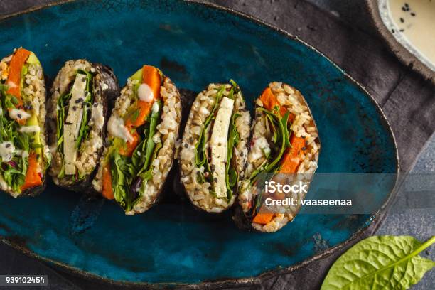 Vegan Sushi Sandwich Onigirazu With Tofu And Vegetables Colorful Japan Sandwich Onigirazu With Tofu Sweet Potato Avocado And Tahini Trend Vegan Food Concept Top View Copy Space Stock Photo - Download Image Now