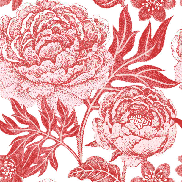 Seamless pattern with flowers peonies. Floral seamless pattern on a white background for fabrics, textiles, wallpaper, paper. Vector. Garden flowers peonies. Design Victorian style. punto stock illustrations