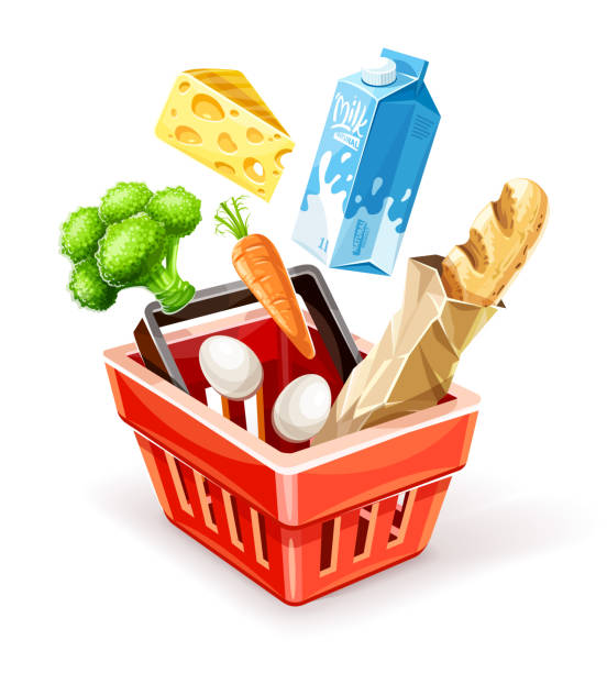 ilustrações de stock, clip art, desenhos animados e ícones de shopping basket with organic food - descida dos cestos