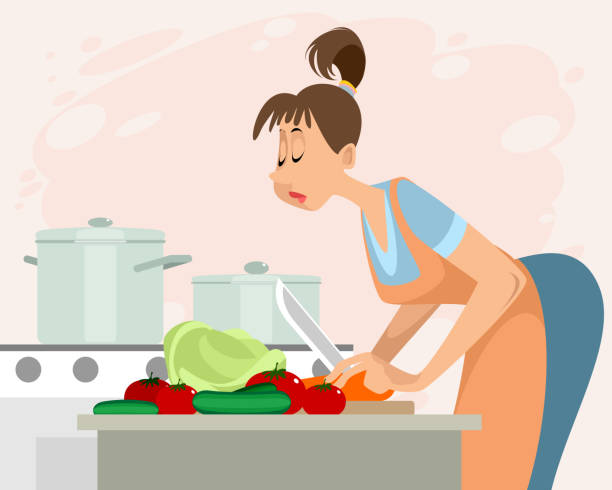 여자 식사 준비 - stereotypical housewife women domestic kitchen brown hair stock illustrations
