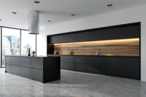 istock Black and wooden kitchen island 939119130