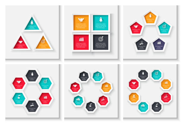 illustrations, cliparts, dessins animés et icônes de éléments graphiques de cycle business. infographie de processus business avec des étapes 3, 4, 5, 6, 7 et 8. modèle de présentation géométrique. vecteur moderne infochart schéma de configuration. - octogone