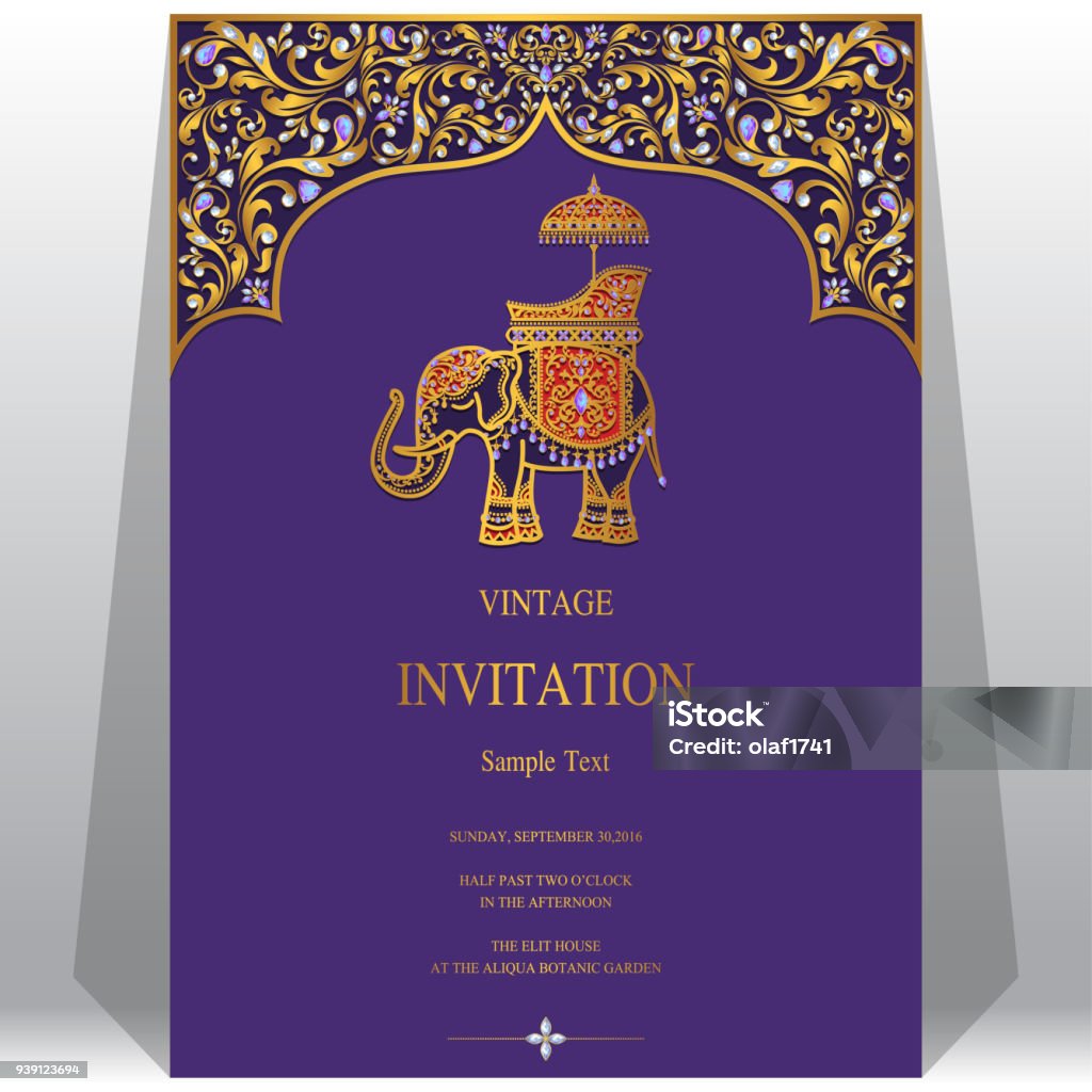 Hochzeit Einladung Kartenvorlagen mit gold Elephant gemustert und Kristallen auf Papierfarbe Hintergrund. - Lizenzfrei Thailändische Kultur Vektorgrafik