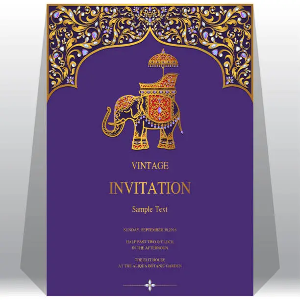 Vector illustration of Wedding Invitation card templates with gold Elephant patterned and crystals on paper color Background.