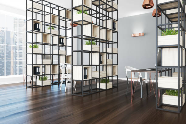 istock Gray and white office corner, plants 939124020