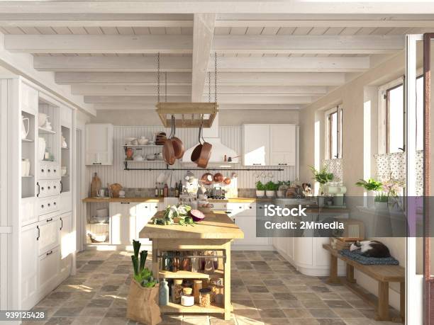 Retro Kitchen In A Cottage With Sleeping Cat 3d Rendering Stock Photo - Download Image Now