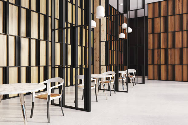 istock Wooden wall cafe interior, side view 939125890
