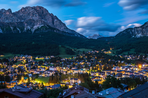 Cortina D'Ampezzo. Itaiy. Night city in the mountains