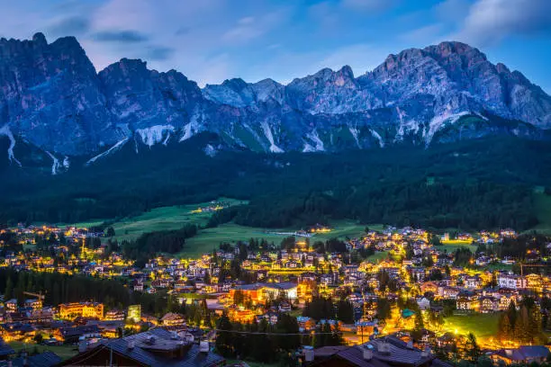 Cortina D'Ampezzo. Itaiy. Night city in the mountains
