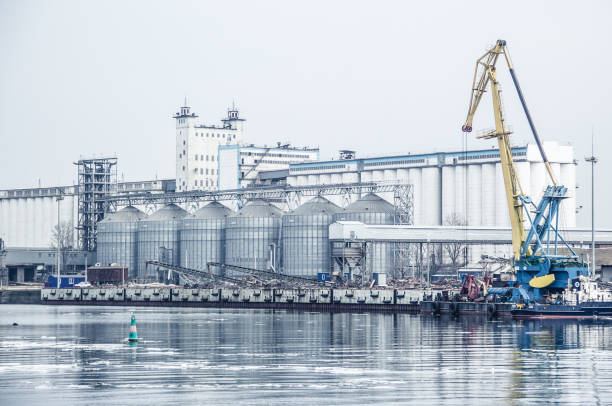 Port grain elevator. The Don river and the port. Industrial zone. Russia, Rostov-on-Don. stock photo