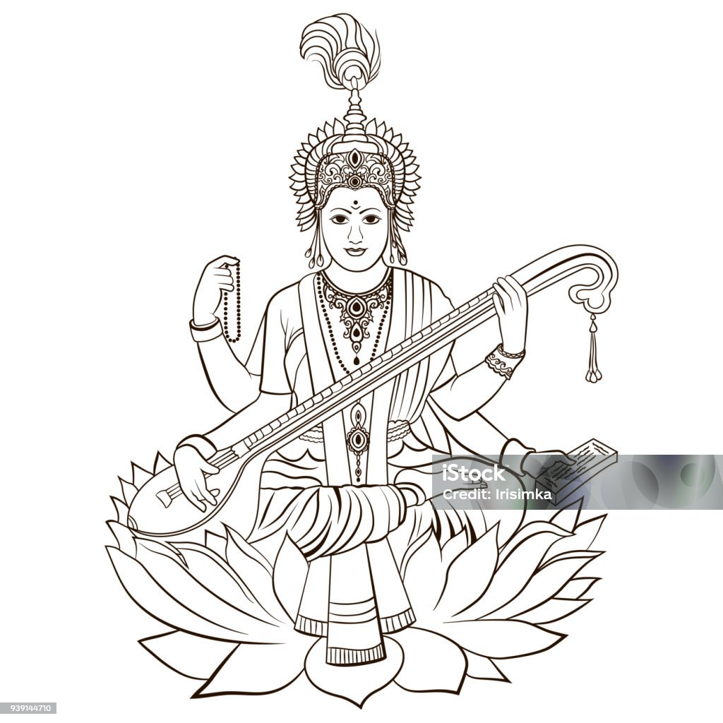 Hindu Goddess Saraswati Vector Hand Drawn Stock Illustration ...