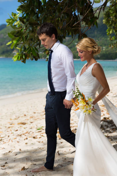 istock Loving couple holding hands during wedding walk on the beach 939145122