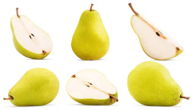 Photo of Set fresh pears whole, cut in half, quarter