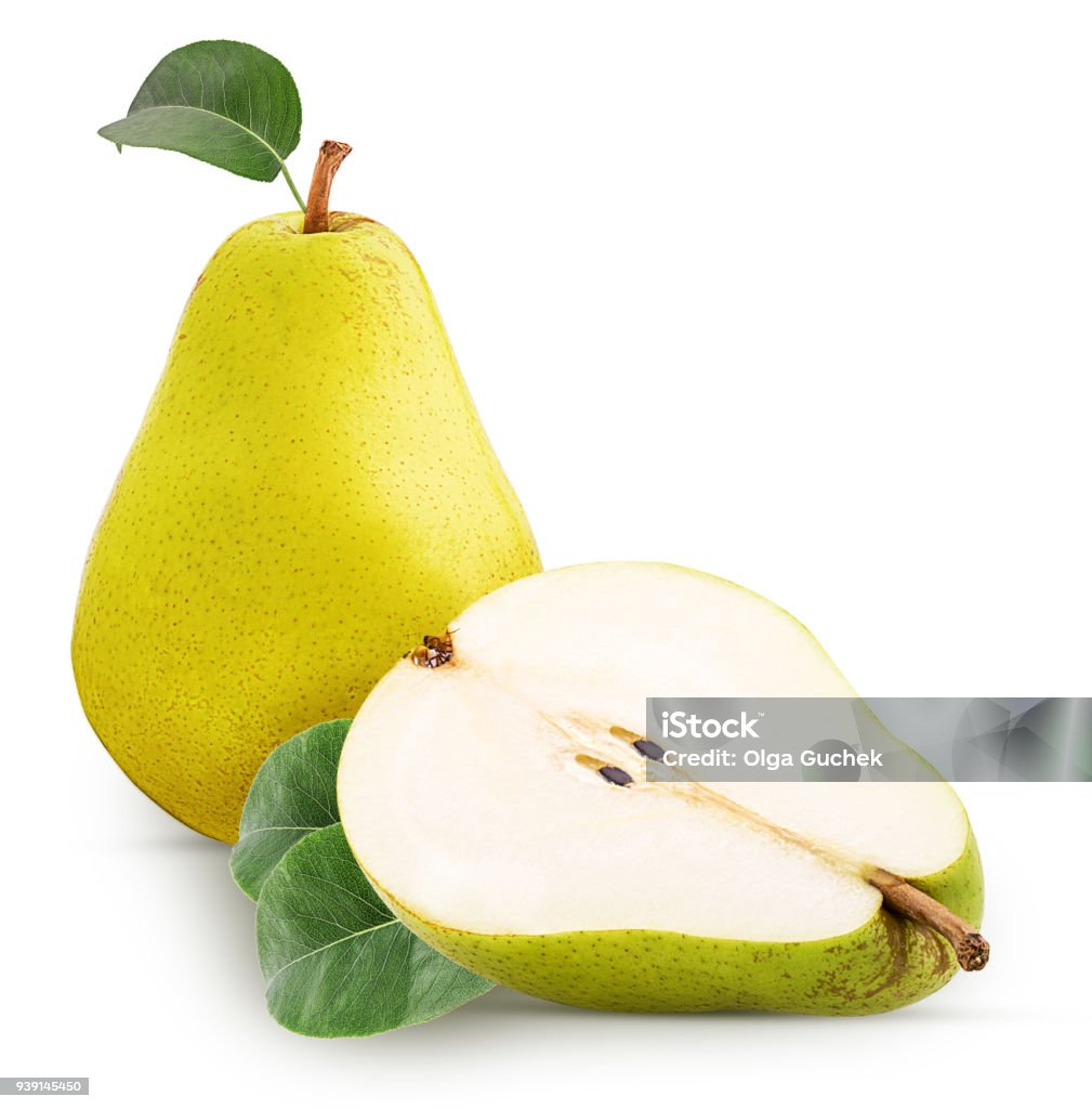 Verse peren, anderhalf geel fruit met blad - Royalty-free Afvallen Stockfoto