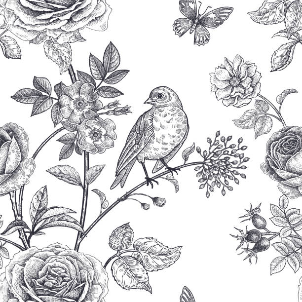 illustrazioni stock, clip art, cartoni animati e icone di tendenza di motivo senza cuciture con fiori da giardino e uccelli. - rose pattern victorian style seamless