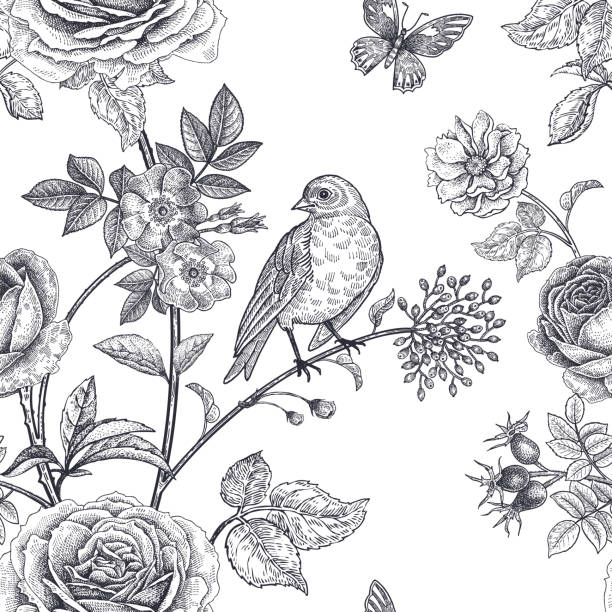 Seamless pattern with garden flowers and birds. Garden flowers roses, peonies and dog rose, bird and butterflies. Floral vintage seamless pattern. Black and white. Victorian style. Vector illustration. Template for luxury textiles, paper, wallpaper bird backgrounds stock illustrations