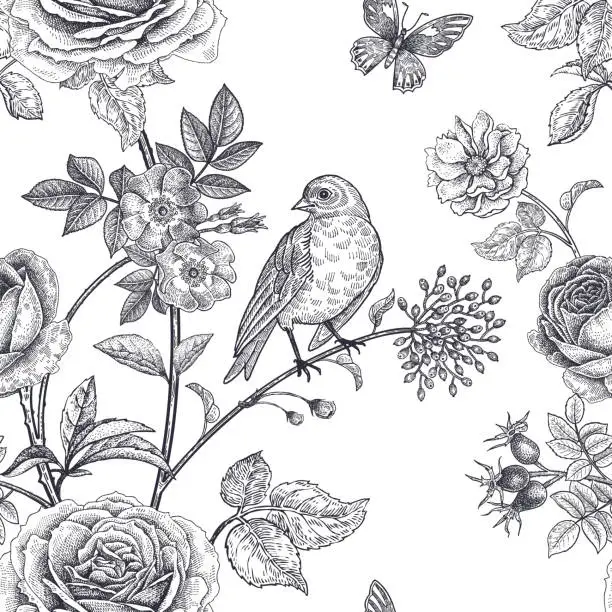 Vector illustration of Seamless pattern with garden flowers and birds.