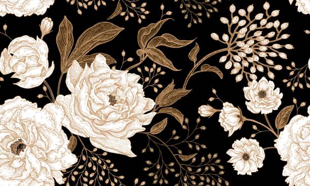 Floral vintage seamless pattern. Peonies and roses. Floral vintage seamless pattern. Gold and white flowers, leaves, branches and berries on black background. Oriental style. Vector illustration art. For design textiles, paper. gold metal drawings stock illustrations
