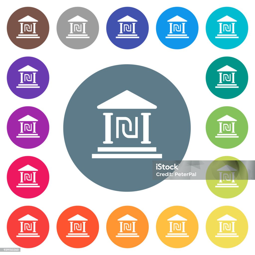 ラウンド カラーの背景上のイスラエル新シェケル銀行オフィス フラット ホワイト アイコン アイコンのベクターアート素材や画像を多数ご用意