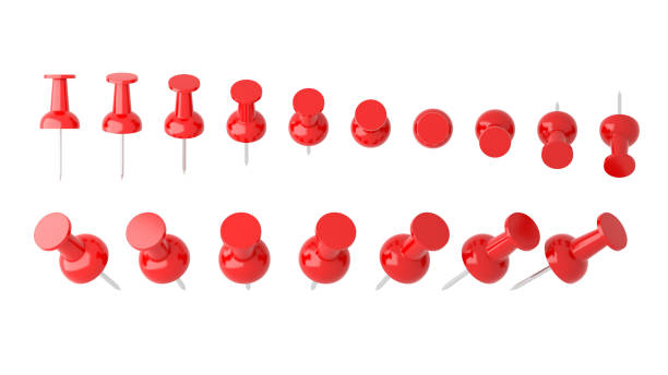 istock Collection of various red push pins. Thumbtacks on white background, 3d illustration 939152920