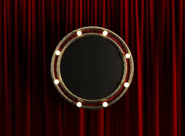 Photo of Blank Board Circle with Golden Frame and Light Bulbs.