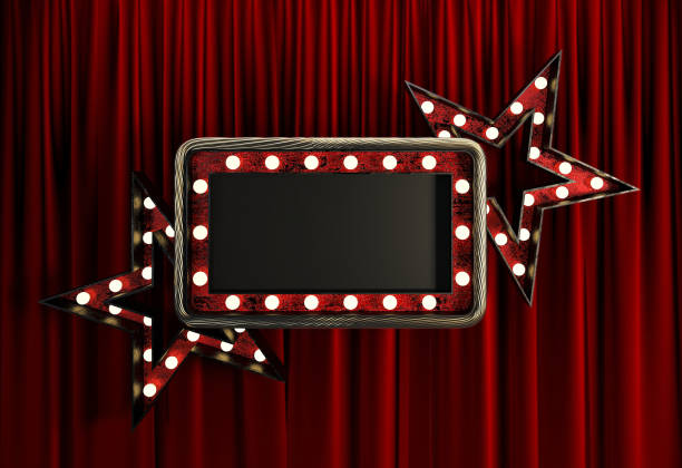 blank board with golden frame, light bulbs and stars. - theatrical performance stage theater broadway curtain imagens e fotografias de stock