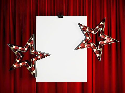 Blank Mock Up Poster in front of Red Stage Theater Curtain. Framing For Your Text. 3d rendering.