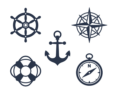 Set of marine, maritime or nautical icons with an anchor, buoy, life ring, compass, compass rose and ships steering wheel isolated on white, eps8 vector illustration