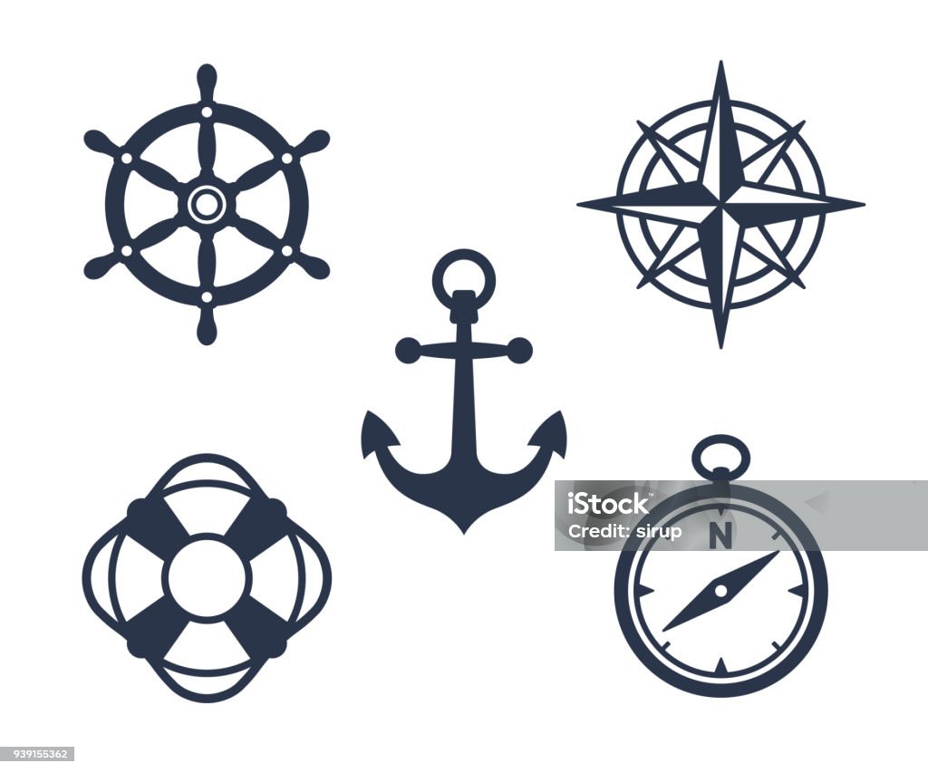 Set of marine, maritime or nautical icons Set of marine, maritime or nautical icons with an anchor, buoy, life ring, compass, compass rose and ships steering wheel isolated on white, eps8 vector illustration Icon Symbol stock vector