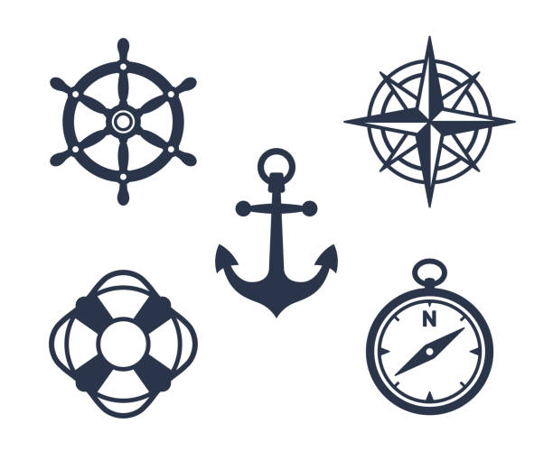 Set of marine, maritime or nautical icons Set of marine, maritime or nautical icons with an anchor, buoy, life ring, compass, compass rose and ships steering wheel isolated on white, eps8 vector illustration buoy stock illustrations