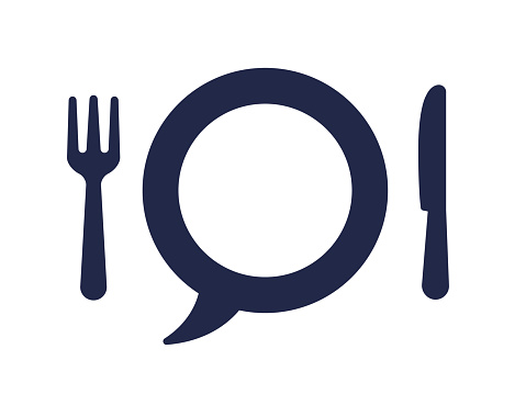 Fork and knife with speech bubble plate blue symbol icon isolated on white background. Flat vector image for restaurant information, symbol, menu or customers review concept