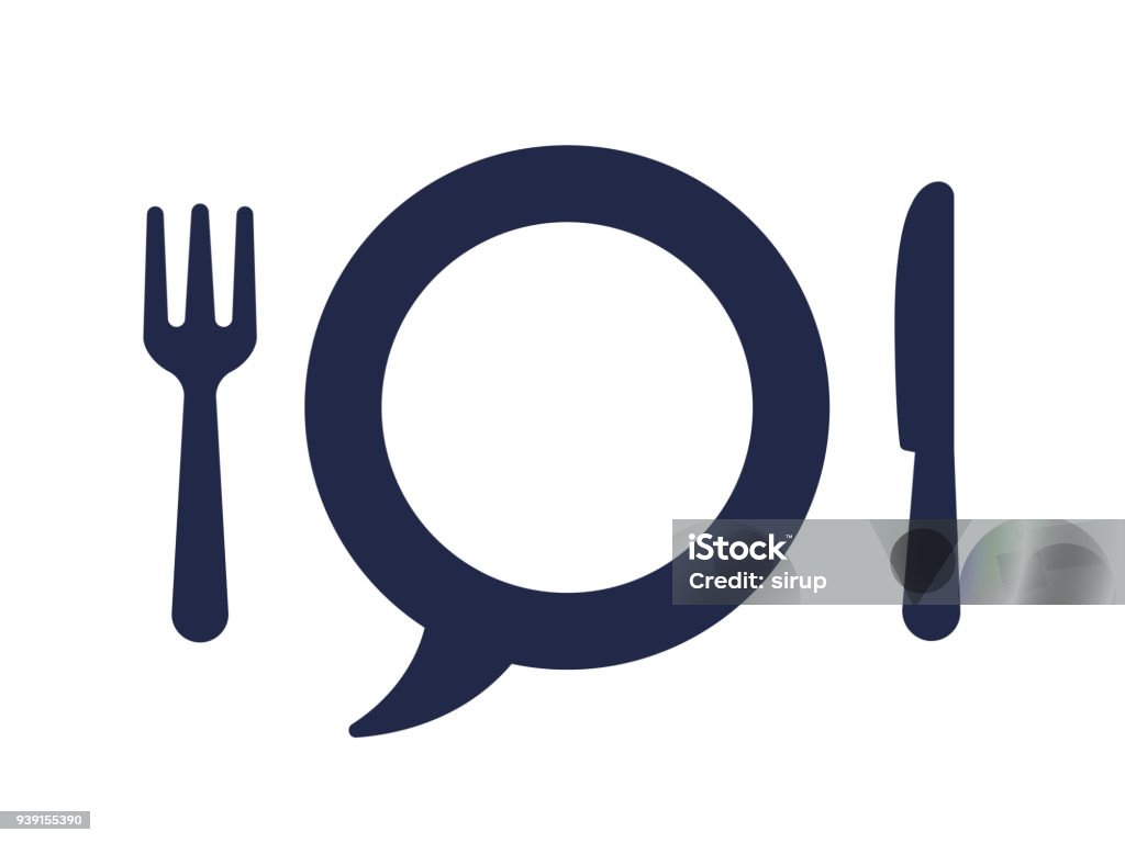 Fork and knife with speech bubble plate Fork and knife with speech bubble plate blue symbol icon isolated on white background. Flat vector image for restaurant information, symbol, menu or customers review concept Icon Symbol stock vector