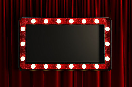 Blank Board with Red Frame and Light Bulbs. Framing For Your Headline Text. 3d Rendering.