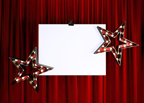 Blank Mock Up Poster in front of Red Stage Theater Curtain. Framing For Your Text. 3d rendering.