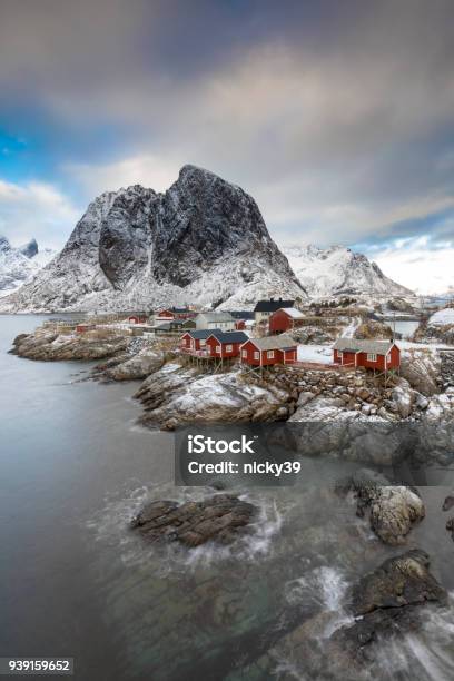 Hamnoy In Lofoten In Winter Stock Photo - Download Image Now - Built Structure, Cloud - Sky, Coastal Feature