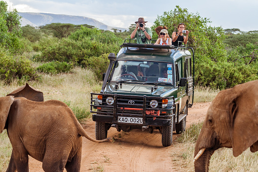 Masai Mara, Kenya, May 19, 2017: Tourists in an all-terrain vehicle exploring the African savannah on safari game drive