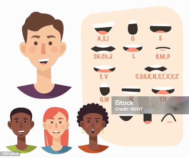 Lip Sync Collection For Animation Casual Man Woman Flat Style Vector Illustration Stock Illustration - Download Image Now