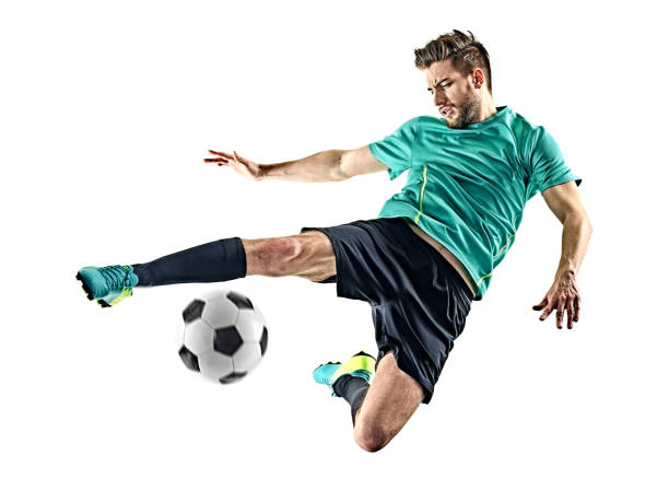 soccer player man isolated one caucasian soccer player man isolated on white background kicking photos stock pictures, royalty-free photos & images