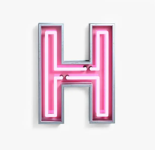 Bright Neon Font with fluorescent pink tubes. Letter H. Night Show Alphabet. 3d Rendering Isolated on White Background.