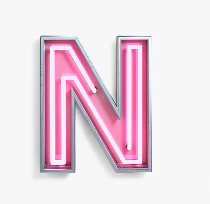 Bright Neon Font with fluorescent pink tubes. Letter N. Night Show Alphabet. 3d Rendering Isolated on White Background.
